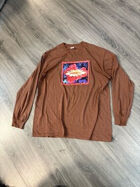 Supreme Mens Brown Long-Sleeve Graphic Tee with Floral Chest Print